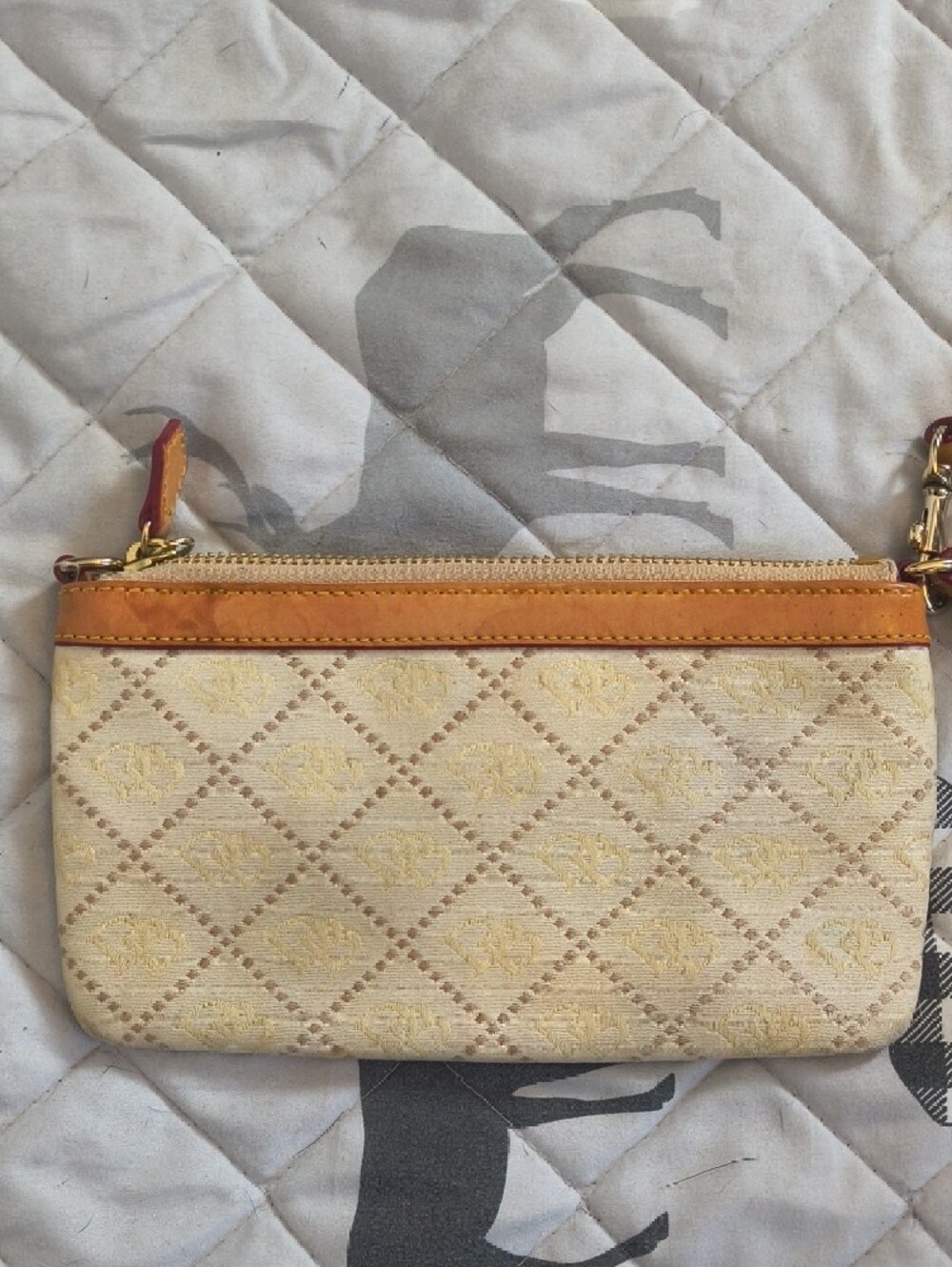 Dooney & Bourke Cream Canvas Wristlet with Tan Leather Trim and Gold Hardware - Picture 4 of 10
